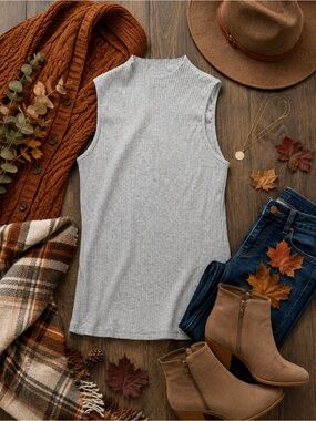 Mittoshop Size L Gray Ribbed Mock Neck Sleeveless Tank Top